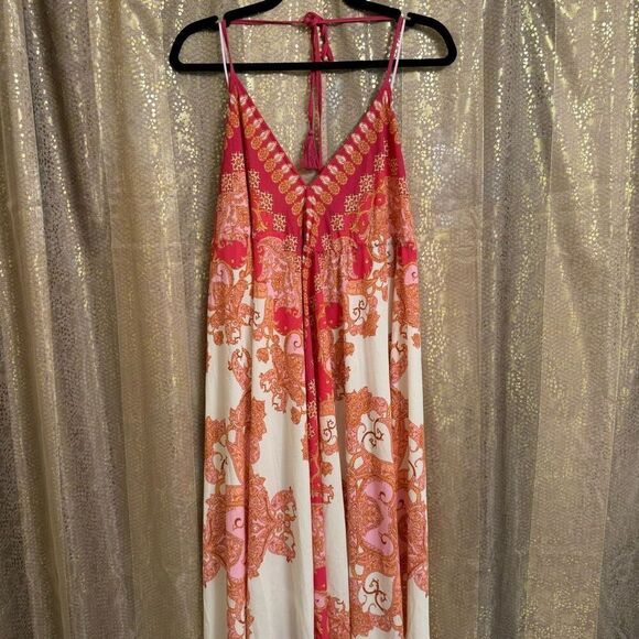 Vici Hot Pink Orange Vineyard Border Print Open Back Hi Low Maxi Dress Medium - Picture 1 of 12